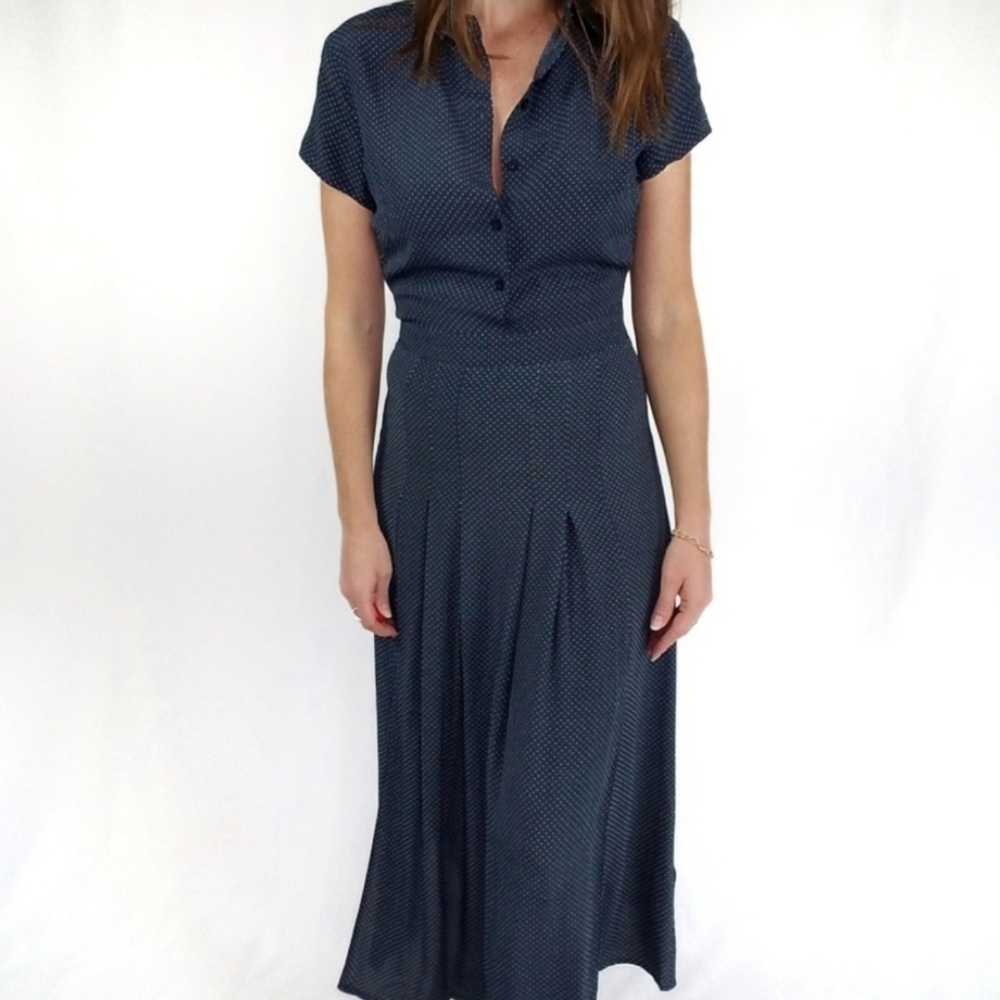 Dress Forum Navy Blue Pin Dot Short Sleeve Midi Dress Size Small